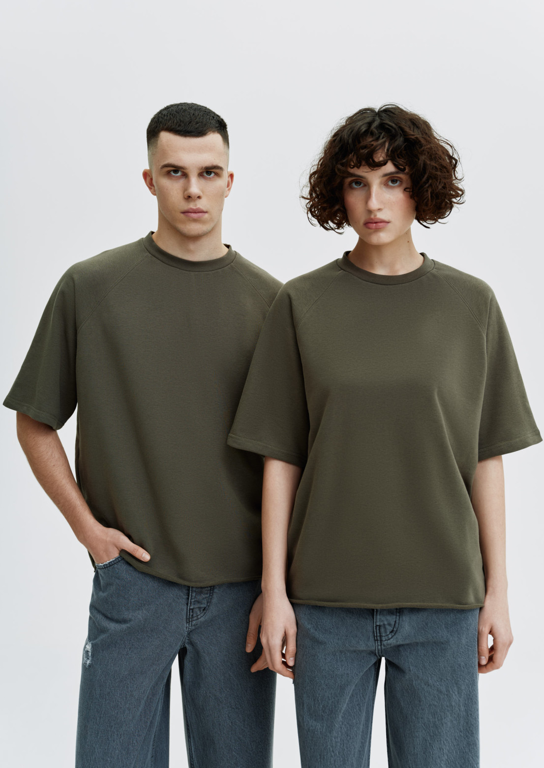 Khaki color unisex three thread T shirt